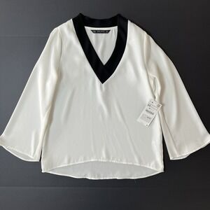 Zara Basic VNeck Blouse Women's XS White Black NWT Lagenlook Business Casual